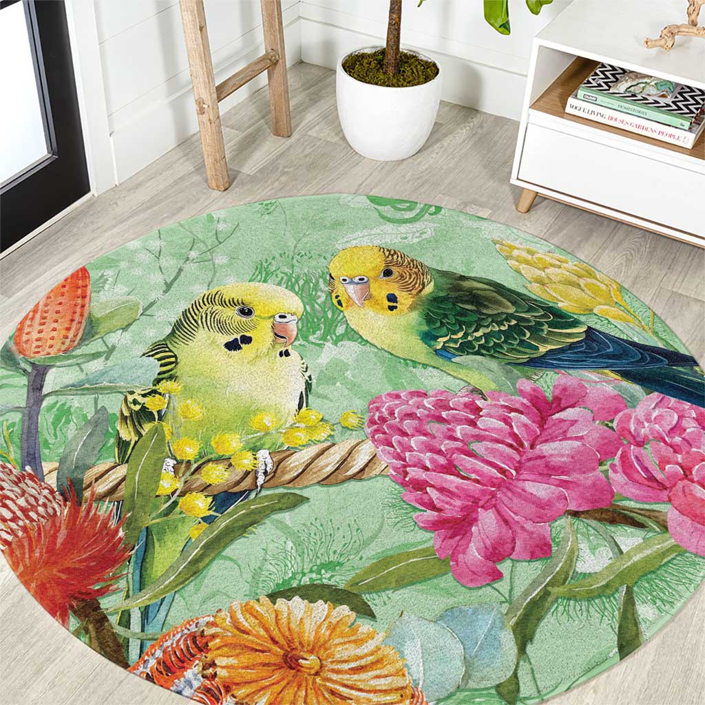 Birds and Floral Aussie Budgerigars Round Carpet Mint Opal - Aussie Hoodie