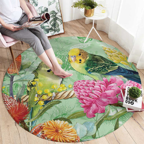 Birds and Floral Aussie Budgerigars Round Carpet Mint Opal - Aussie Hoodie