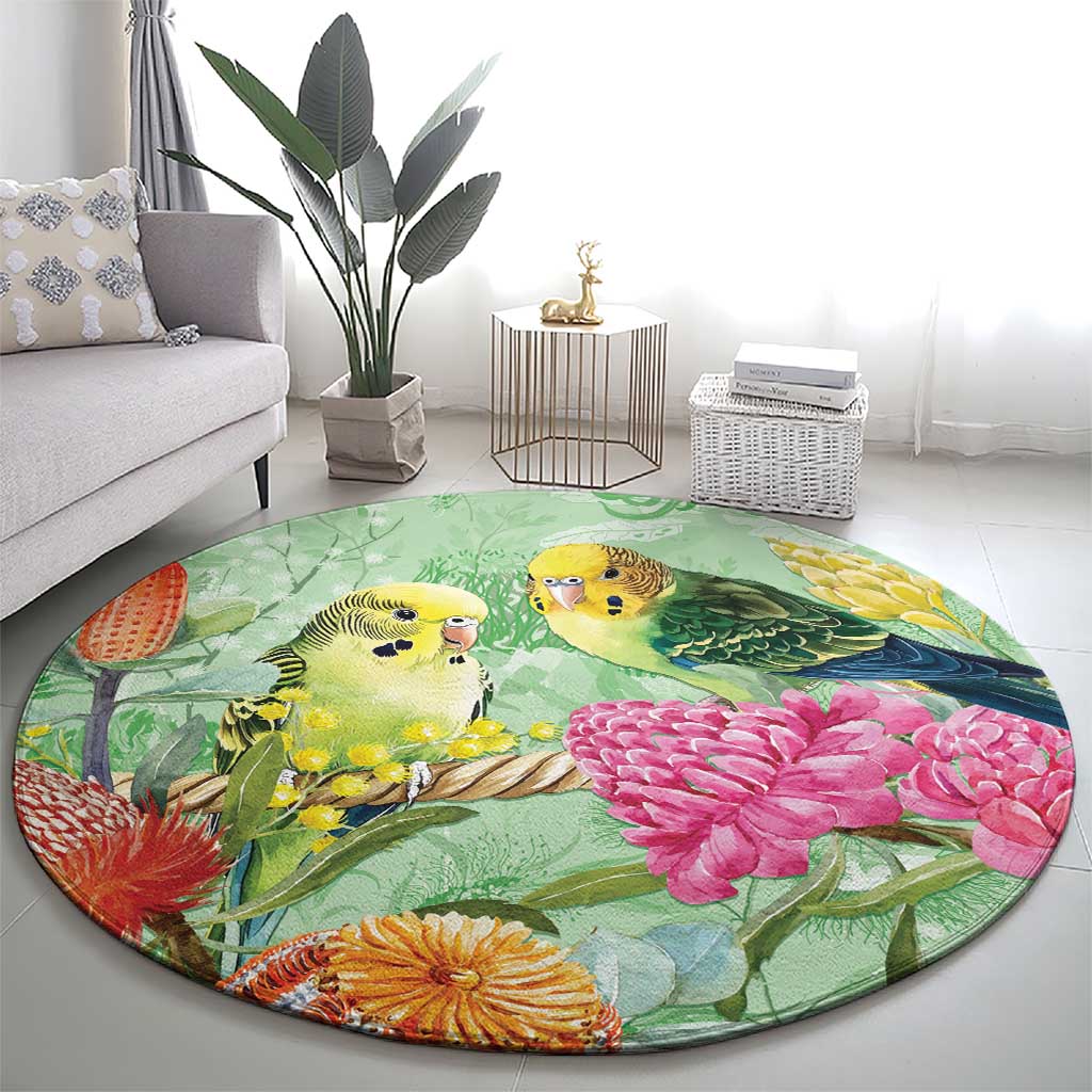 Birds and Floral Aussie Budgerigars Round Carpet Mint Opal - Aussie Hoodie