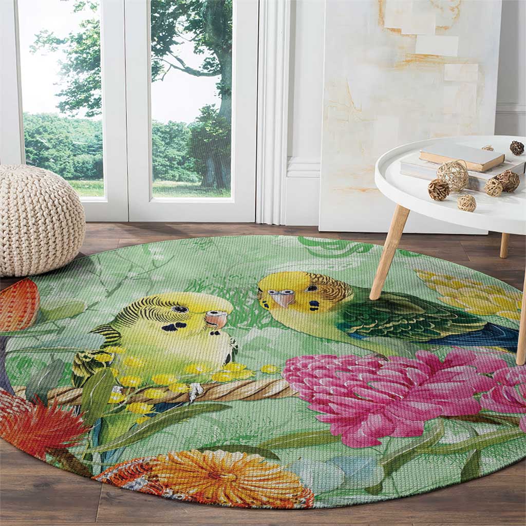 Birds and Floral Aussie Budgerigars Round Carpet Mint Opal - Aussie Hoodie