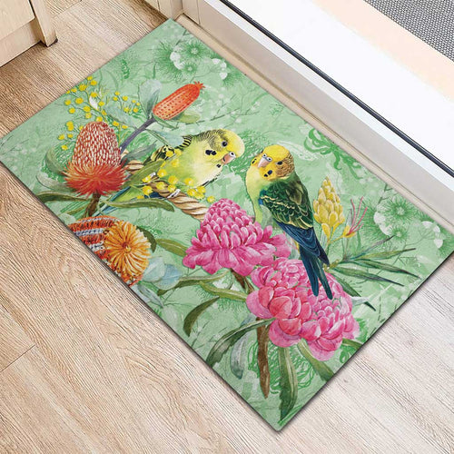 Birds and Floral Aussie Budgerigars Rubber Doormat Mint Opal - Aussie Hoodie