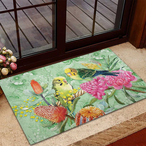 Birds and Floral Aussie Budgerigars Rubber Doormat Mint Opal - Aussie Hoodie