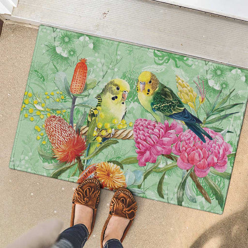 Birds and Floral Aussie Budgerigars Rubber Doormat Mint Opal - Aussie Hoodie