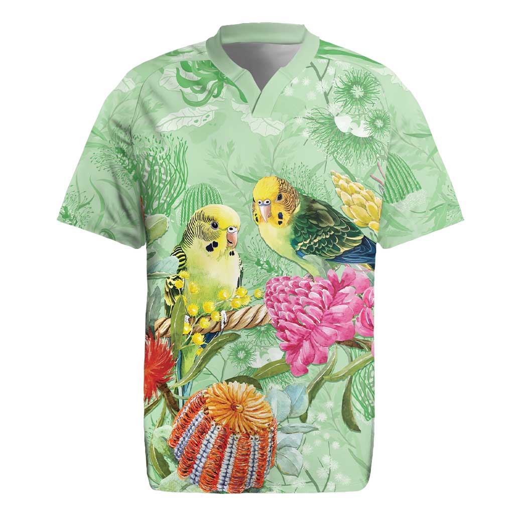 Birds and Floral Aussie Budgerigars Rugby Jersey Mint Opal - Aussie Hoodie