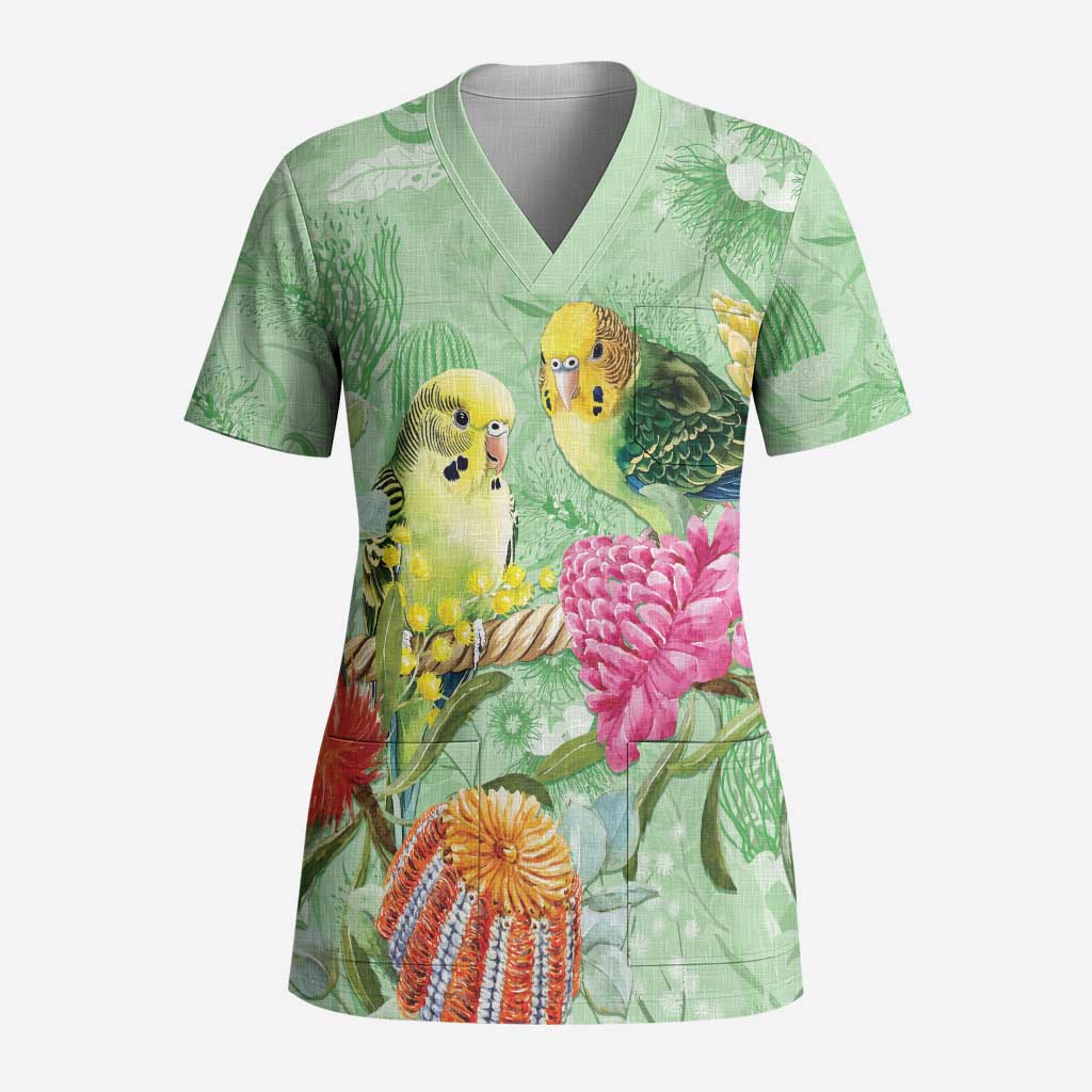 Birds and Floral Aussie Budgerigars Scrub Top Mint Opal - Aussie Hoodie