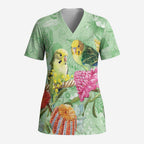 Birds and Floral Aussie Budgerigars Scrub Top Mint Opal - Aussie Hoodie