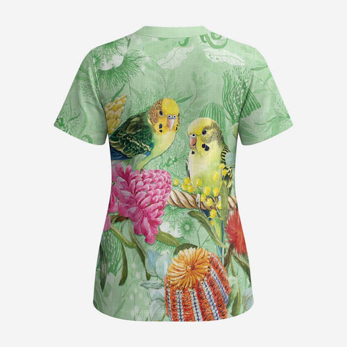 Birds and Floral Aussie Budgerigars Scrub Top Mint Opal - Aussie Hoodie