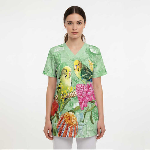 Birds and Floral Aussie Budgerigars Scrub Top Mint Opal - Aussie Hoodie
