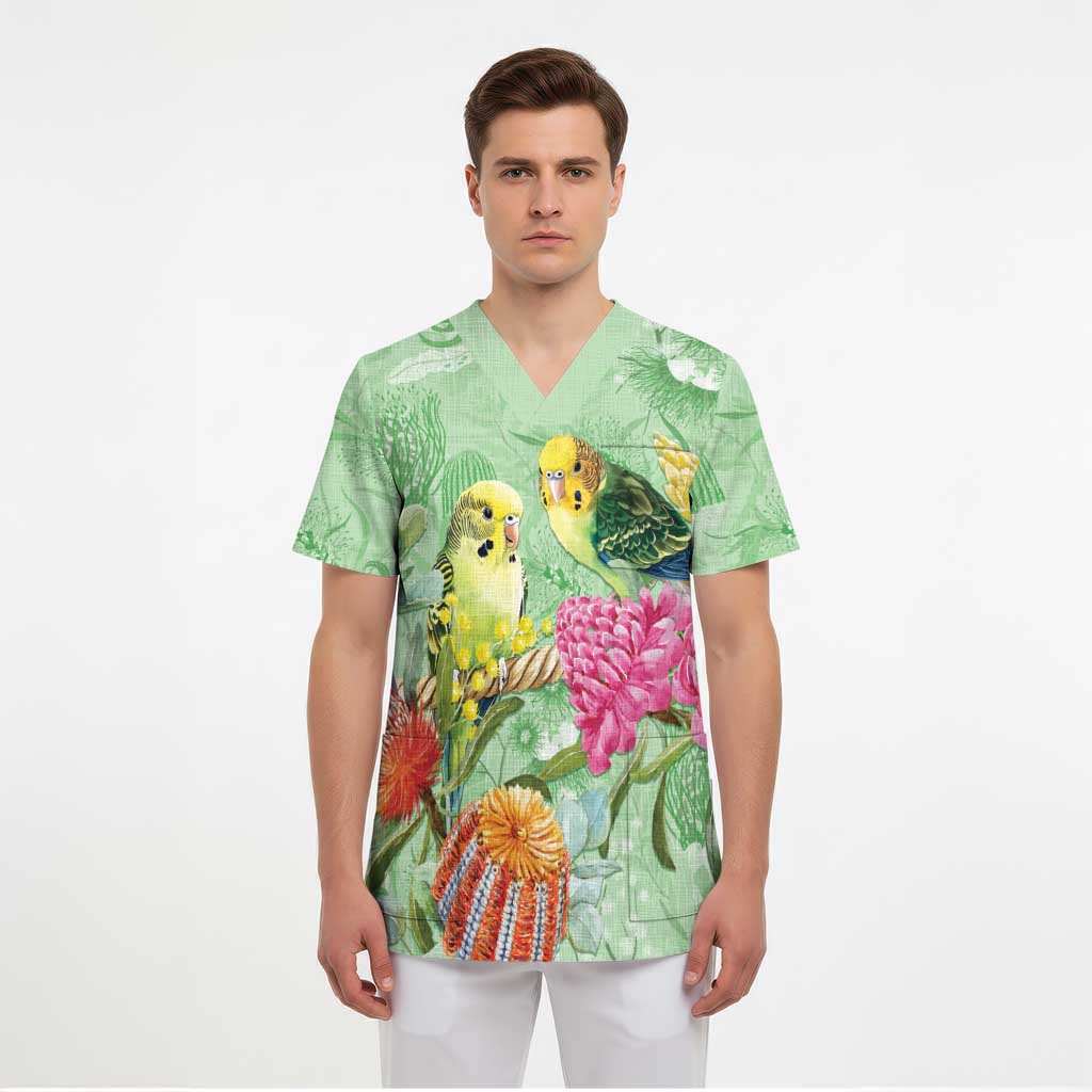 Birds and Floral Aussie Budgerigars Scrub Top Mint Opal - Aussie Hoodie