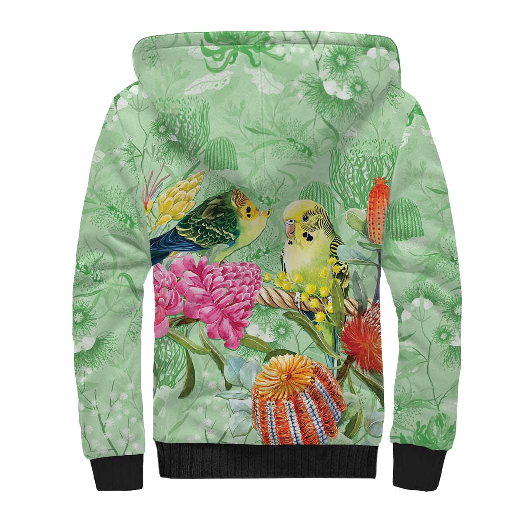 Birds and Floral Aussie Budgerigars Sherpa Hoodie Mint Opal - Aussie Hoodie