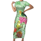 Birds and Floral Aussie Budgerigars Short Sleeve Bodycon Dress Mint Opal - Aussie Hoodie