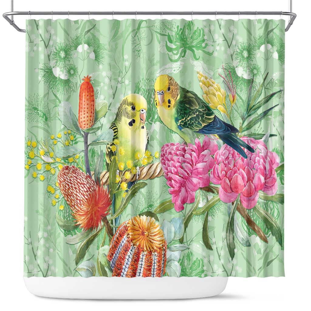 Birds and Floral Aussie Budgerigars Shower Curtain Mint Opal - Aussie Hoodie