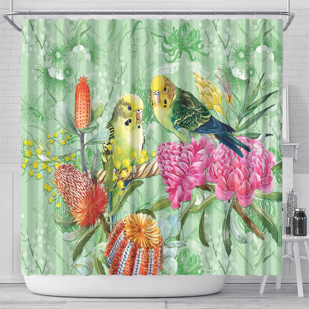 Birds and Floral Aussie Budgerigars Shower Curtain Mint Opal - Aussie Hoodie