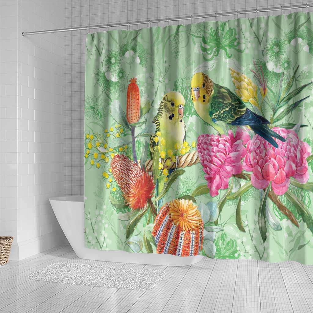 Birds and Floral Aussie Budgerigars Shower Curtain Mint Opal - Aussie Hoodie