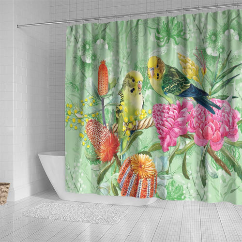 Birds and Floral Aussie Budgerigars Shower Curtain Mint Opal - Aussie Hoodie