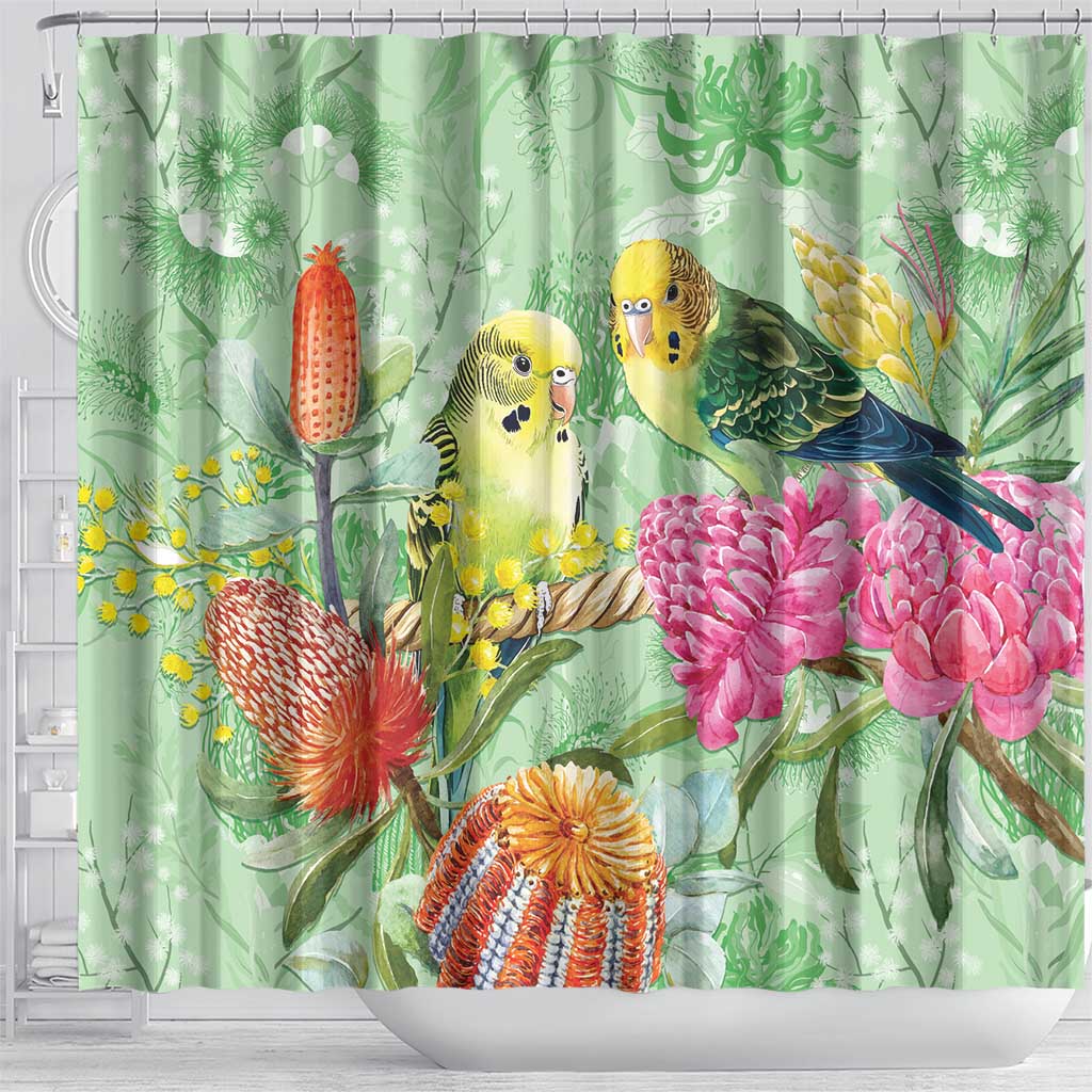 Birds and Floral Aussie Budgerigars Shower Curtain Mint Opal - Aussie Hoodie