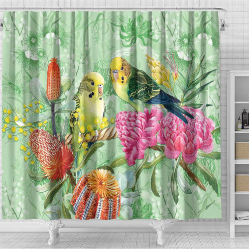 Birds and Floral Aussie Budgerigars Shower Curtain Mint Opal - Aussie Hoodie