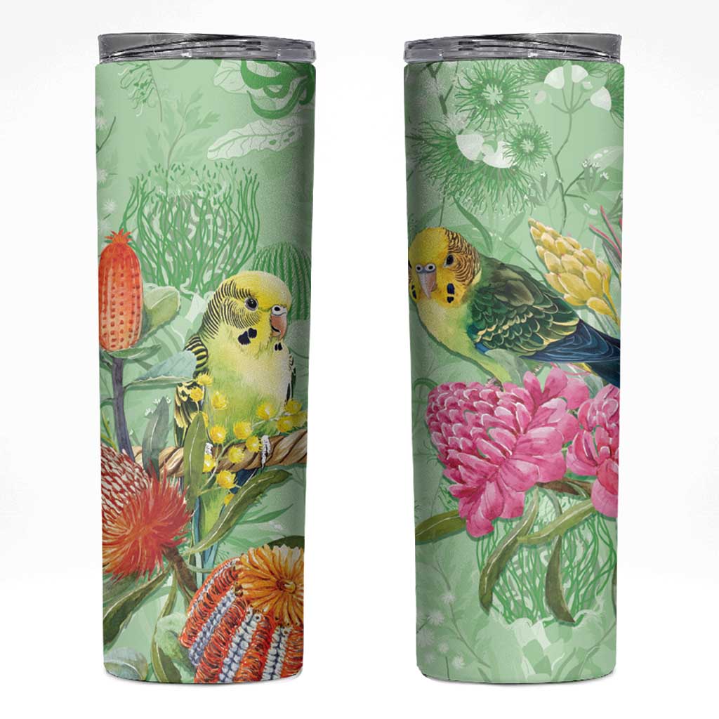 Birds and Floral Aussie Budgerigars Skinny Tumbler Mint Opal - Aussie Hoodie