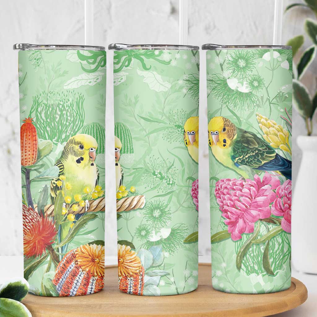 Birds and Floral Aussie Budgerigars Skinny Tumbler Mint Opal - Aussie Hoodie