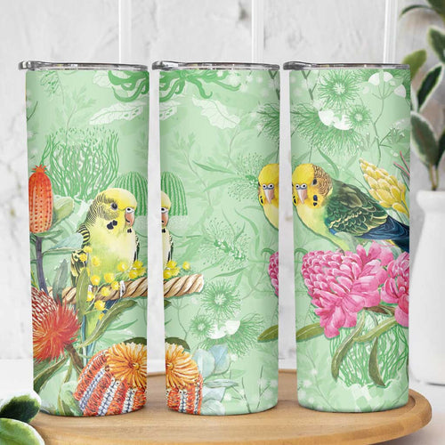 Birds and Floral Aussie Budgerigars Skinny Tumbler Mint Opal - Aussie Hoodie