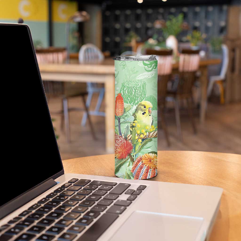 Birds and Floral Aussie Budgerigars Skinny Tumbler Mint Opal - Aussie Hoodie