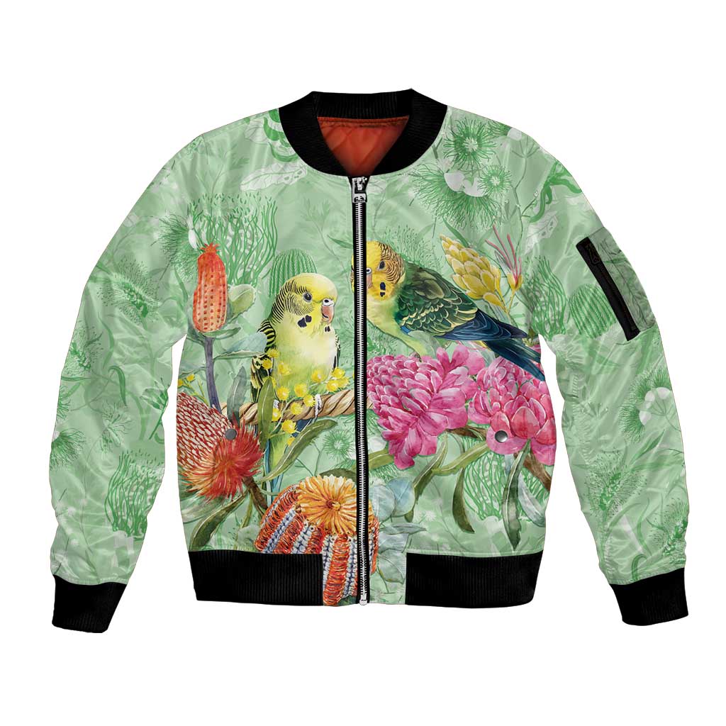 Birds and Floral Aussie Budgerigars Sleeve Zip Bomber Jacket Mint Opal - Aussie Hoodie