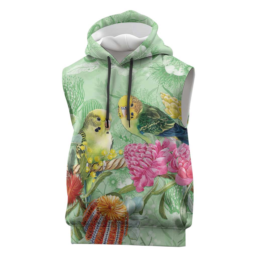 Birds and Floral Aussie Budgerigars Sleeveless Hoodie Mint Opal - Aussie Hoodie