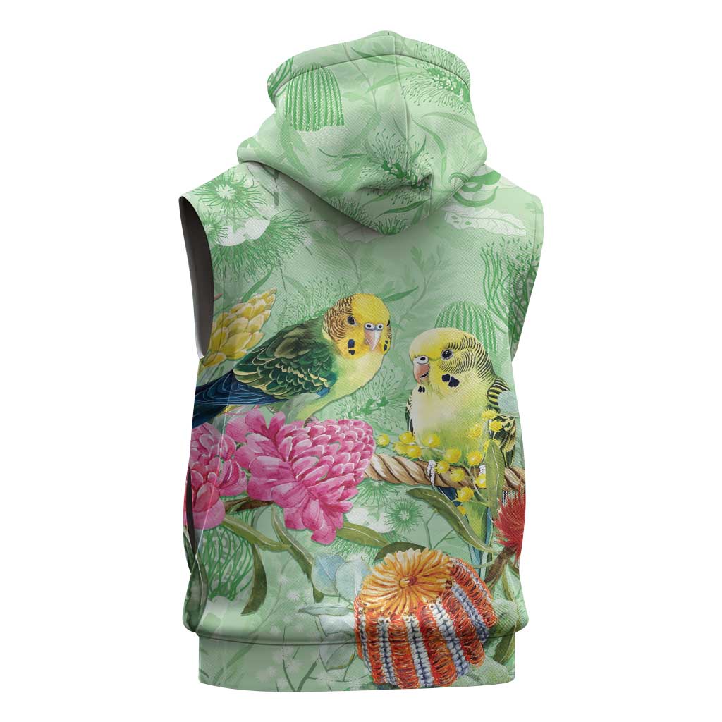Birds and Floral Aussie Budgerigars Sleeveless Hoodie Mint Opal - Aussie Hoodie
