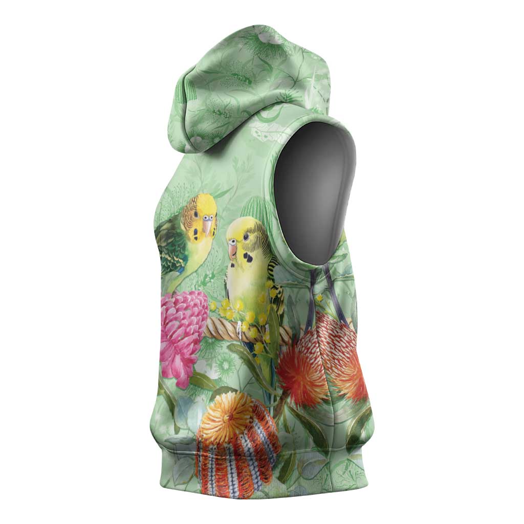 Birds and Floral Aussie Budgerigars Sleeveless Hoodie Mint Opal - Aussie Hoodie