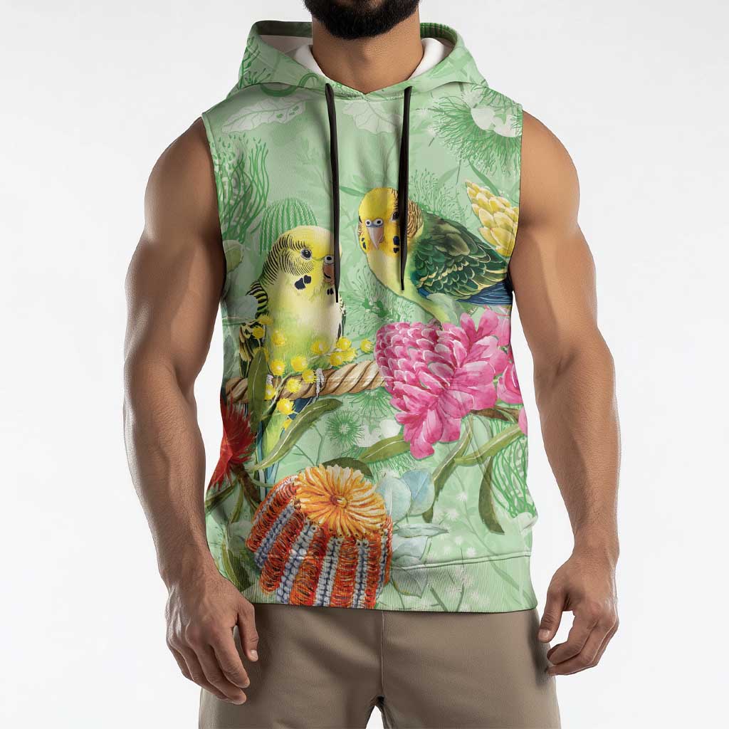 Birds and Floral Aussie Budgerigars Sleeveless Hoodie Mint Opal - Aussie Hoodie