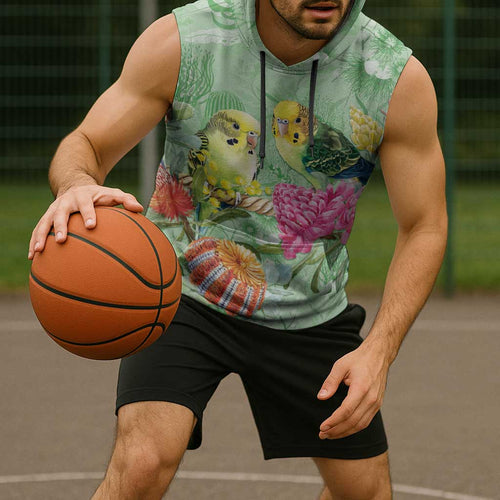 Birds and Floral Aussie Budgerigars Sleeveless Hoodie Mint Opal - Aussie Hoodie
