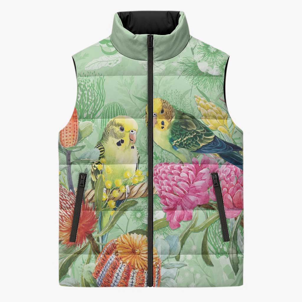 Birds and Floral Aussie Budgerigars Sleeveless Puffer Jacket Mint Opal - Aussie Hoodie