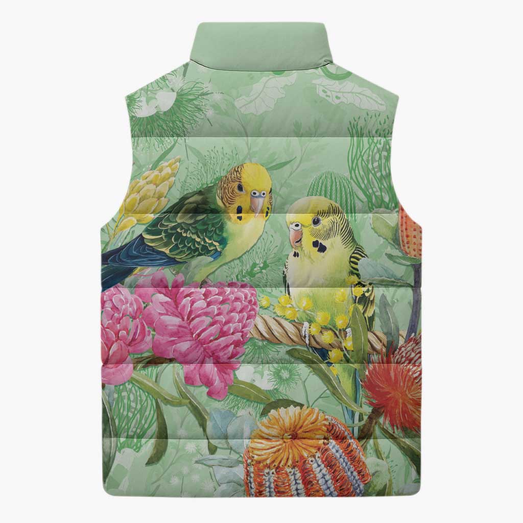 Birds and Floral Aussie Budgerigars Sleeveless Puffer Jacket Mint Opal - Aussie Hoodie