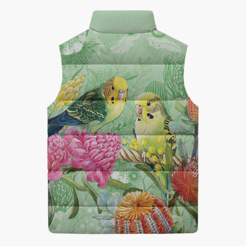 Birds and Floral Aussie Budgerigars Sleeveless Puffer Jacket Mint Opal - Aussie Hoodie