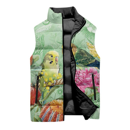 Birds and Floral Aussie Budgerigars Sleeveless Puffer Jacket Mint Opal - Aussie Hoodie