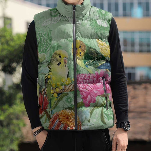 Birds and Floral Aussie Budgerigars Sleeveless Puffer Jacket Mint Opal - Aussie Hoodie