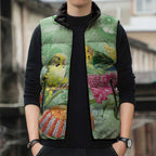 Birds and Floral Aussie Budgerigars Sleeveless Puffer Jacket Mint Opal - Aussie Hoodie