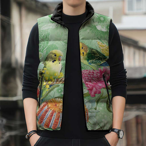 Birds and Floral Aussie Budgerigars Sleeveless Puffer Jacket Mint Opal - Aussie Hoodie