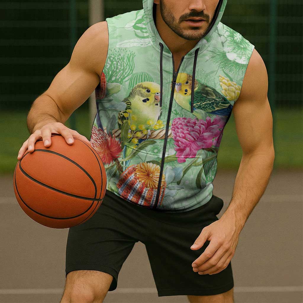 Birds and Floral Aussie Budgerigars Sleeveless Zip Hoodie Mint Opal - Aussie Hoodie