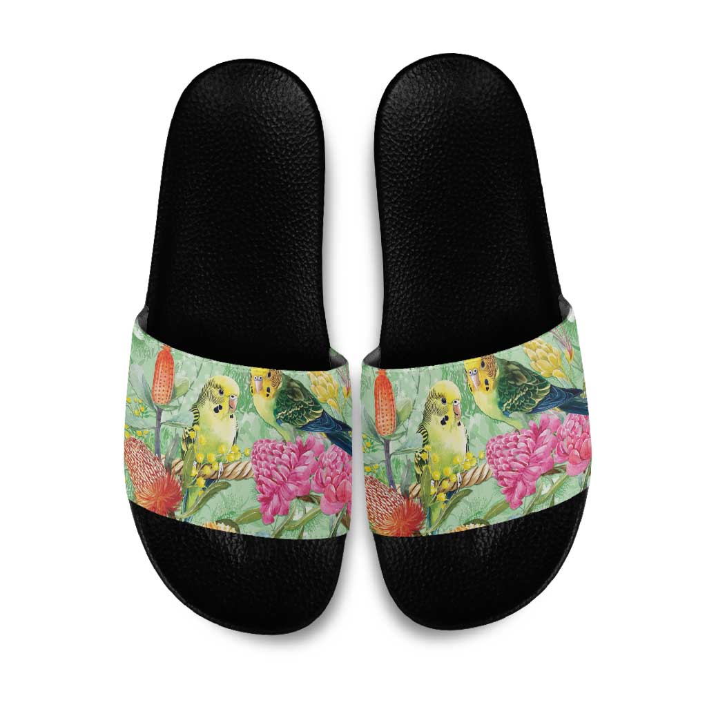 Birds and Floral Aussie Budgerigars Slide Sandals Mint Opal - Aussie Hoodie