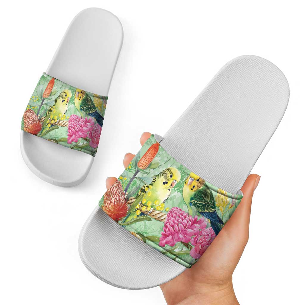 Birds and Floral Aussie Budgerigars Slide Sandals Mint Opal - Aussie Hoodie