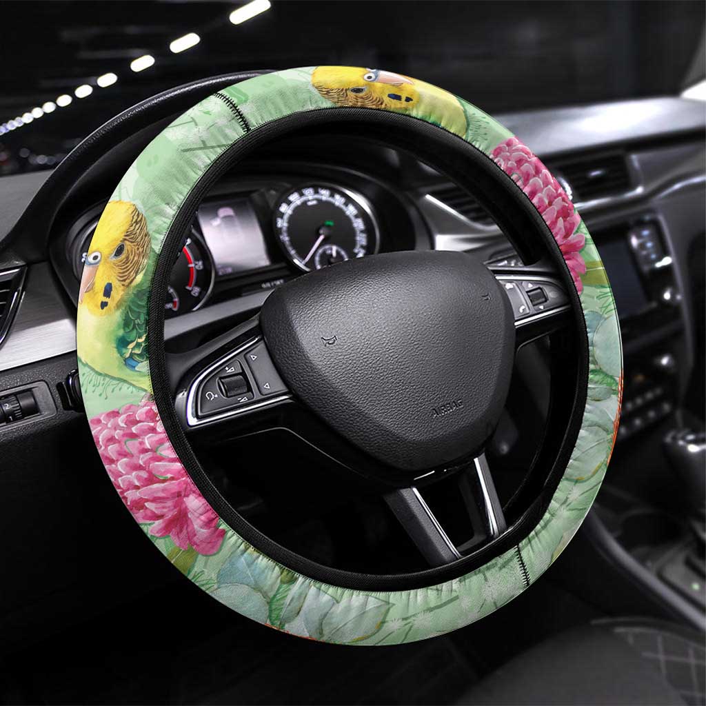 Birds and Floral Aussie Budgerigars Steering Wheel Cover Mint Opal - Aussie Hoodie