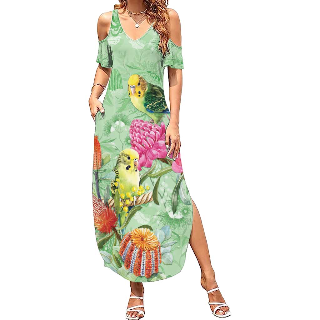 Birds and Floral Aussie Budgerigars Summer Maxi Dress Mint Opal - Aussie Hoodie