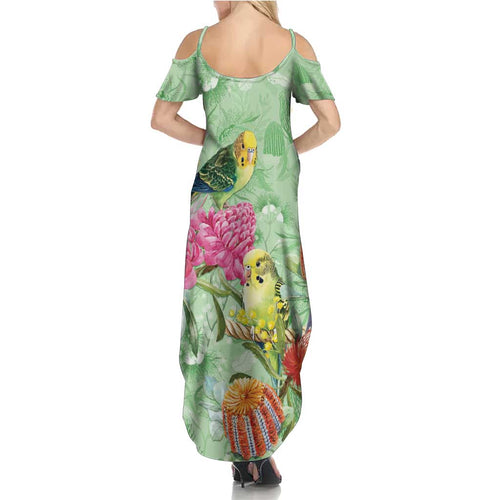 Birds and Floral Aussie Budgerigars Summer Maxi Dress Mint Opal - Aussie Hoodie