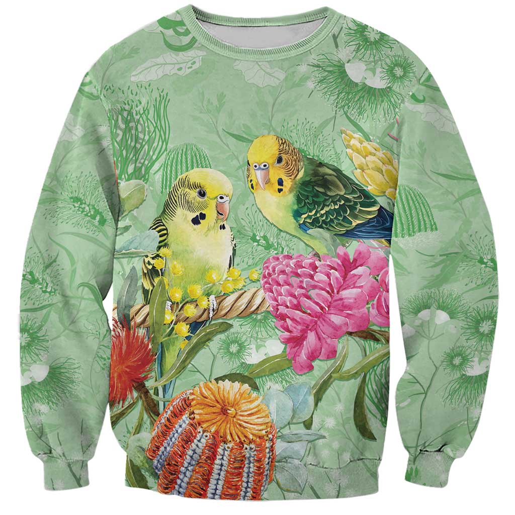 Birds and Floral Aussie Budgerigars Sweatshirt Mint Opal - Aussie Hoodie