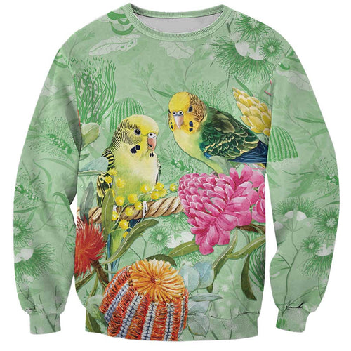 Birds and Floral Aussie Budgerigars Sweatshirt Mint Opal - Aussie Hoodie