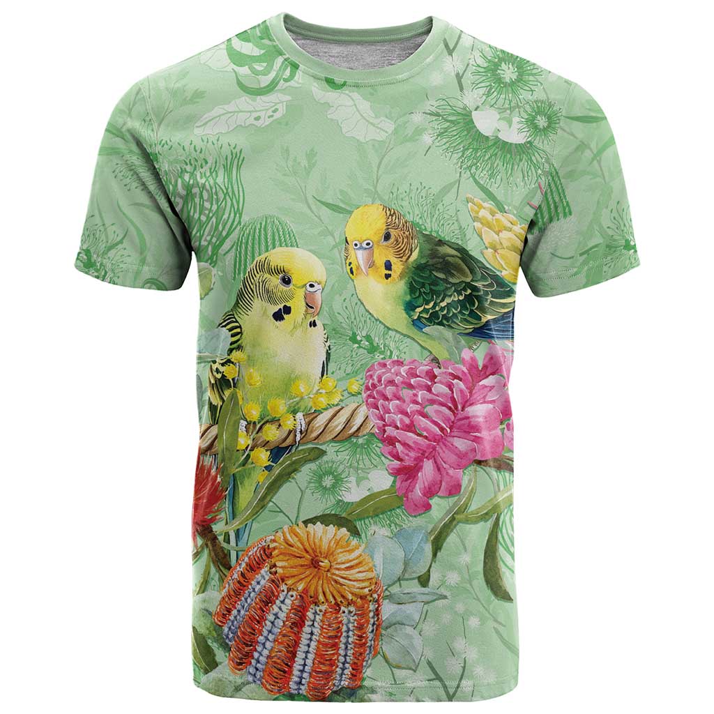 Birds and Floral Aussie Budgerigars T Shirt Mint Opal - Aussie Hoodie