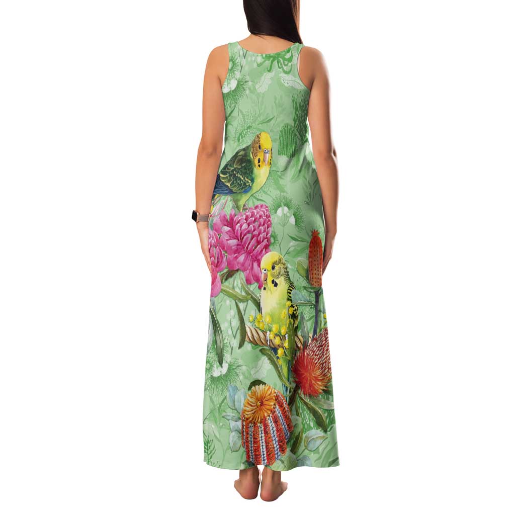 Birds and Floral Aussie Budgerigars Tank Maxi Dress Mint Opal - Aussie Hoodie