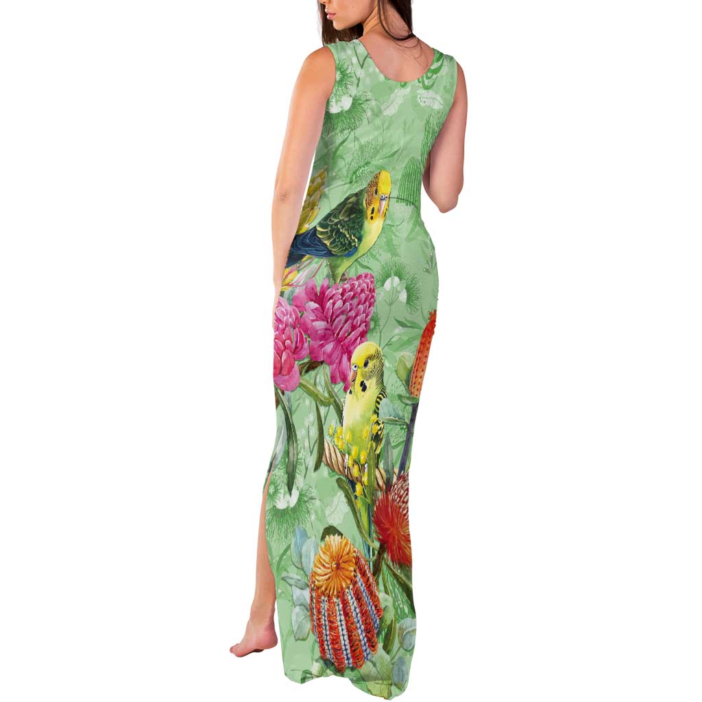 Birds and Floral Aussie Budgerigars Tank Maxi Dress Mint Opal - Aussie Hoodie