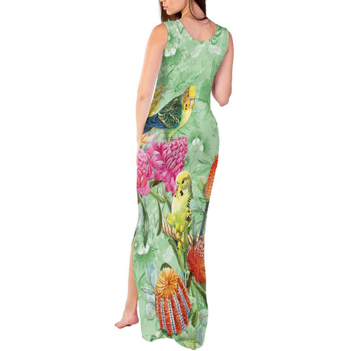 Birds and Floral Aussie Budgerigars Tank Maxi Dress Mint Opal - Aussie Hoodie